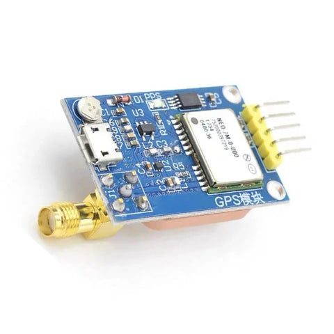 Close-up of GPS Module NEO 7M For Arduino And STM32 Projects Replacement For NEO 6M with SMA connector, USB interface, and pins