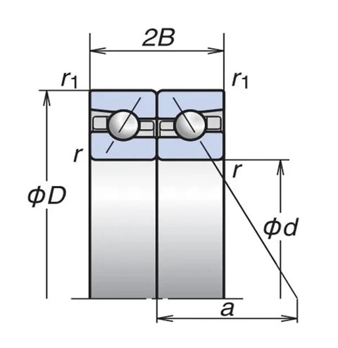 Diagram of BTM120B Angular Contact Spindle Bearings Pair 120X180X54 Millimeters showing dimensions and structure details.