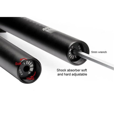 Close-up of Suspension Seatpost With Six Diameter Options 27.2mm 28.6mm 30.4mm 30.9mm 31.6mm 33.9mm, showing hardness adjustment