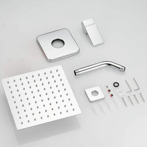 Single Function Shower Trim Kit With Rough In Valve In Polished Chrome Square Stainless Steel Rain Shower Head Brass Wall Mount Valve Half Inch NPT Luxury Adjustable Rainfall Shower System No Fuss Install components including 8in square rain head, wall mount, and hardware