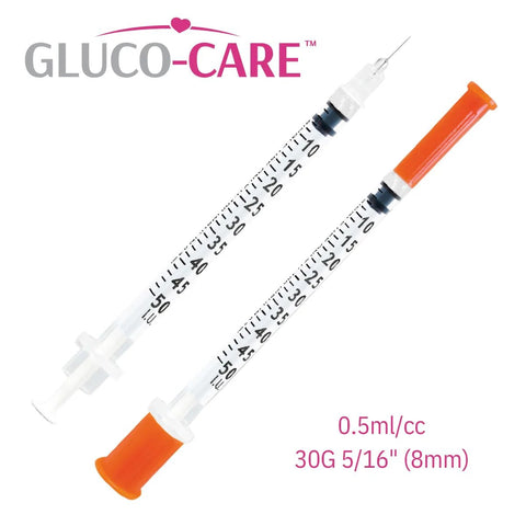 Front view of two GLUCO-CARE 0.5 ml syringes with orange plungers, 30G 5/16 in (8 mm), 100/box.