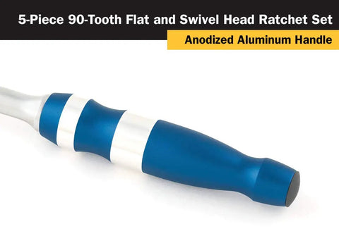 5-Piece Aluminum Ratchet Set With 90-Tooth Swivel Head And Flat Head Drives, blue anodized aluminum handle, close-up view