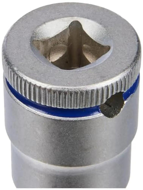 Close-up of Zyklop Three Eighths Inch Socket With Hex Head 16mm, 29mm Length, chrome plated finish, and knurled end visible.