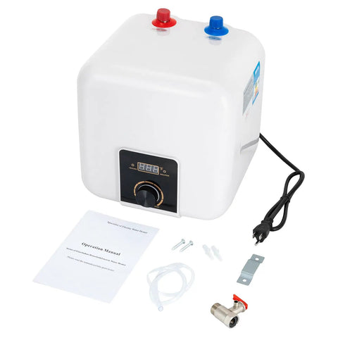 1500W Instant Hot Water Heater Under Sink Kitchen Faucet Compact Electric Wall Mount with operating manual and installation parts.