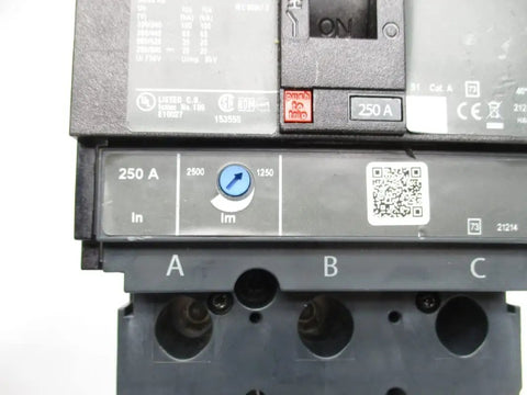 Straight Shooter Heavy Duty Industrial Circuit Breaker JJA36250 250A 600V front view with labels and settings shown.