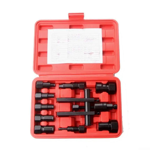 No Sweat Motorcycle Wheel Bearing Puller Set Featuring Ten Quick Grip Tools Sized Eight To Twenty Five Mm For Fast Inner Bearing Extraction Stored Inside A Rugged Carry Case.