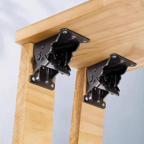 90 Degrees Self Locking Folding Hinge Anti Corrosion Invisible Connector for folding tables and furniture, silver metal, installed on wood