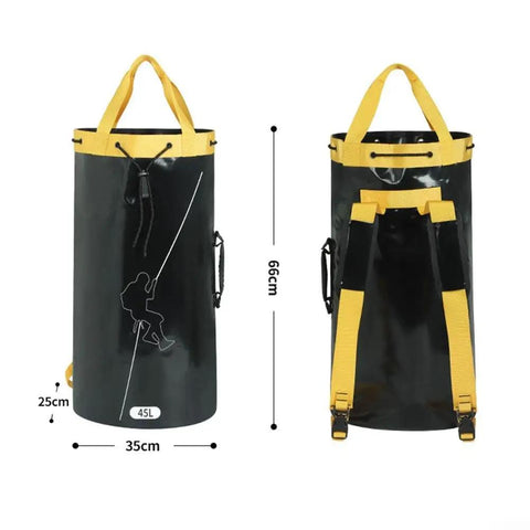 All In One Climbing Rope Bag For Outdoor Climbing And Caving And Mountaineering With Drawstring Closure And Shoulder Strap Lightweight 45L Polyester PVC Gear Organizer Black front and back views.