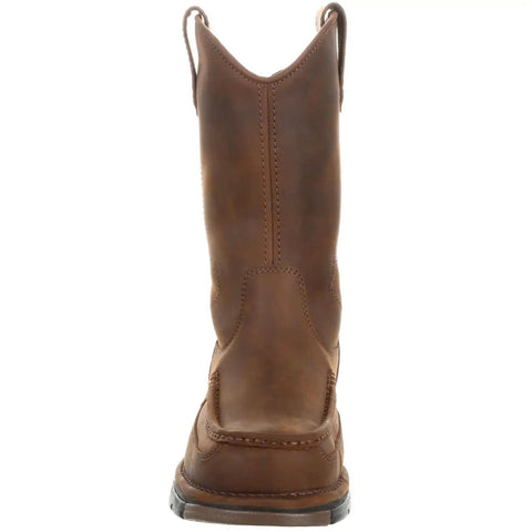 Men's Brown Moc Toe Work Boots Pull On Style With Back Zipper Electrical Hazard Rated Flexible Unlined Sole lightweight view from the back