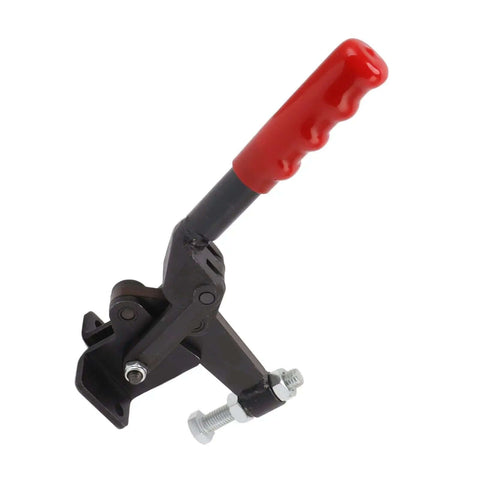 Built Tough Toggle Clamp In Carbon Steel, Heavy Duty 1543 Lb Capacity With 180 Degree Bar Rotation, red handle tight close-up