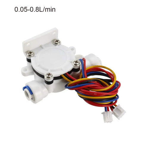 Compact One Quarter Inch Quick Connect Hall Effect Water Flow Sensor Switch Flowmeter For DC Five Volts, 0.05 To 0.8 Liters Per Minute, Waterproof, Slick Plug And Play, Three Wire Pulse Output Red Black Yellow, Stainless Steel Shaft showing side view with connectors.