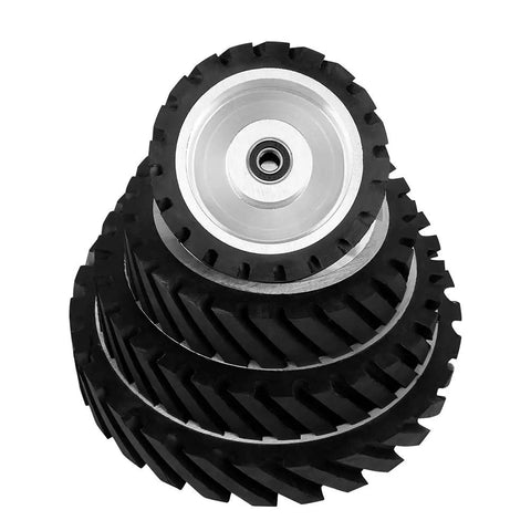10 By 2 Inch Belt Grinder Rubber Wheel With Serrated Contact 6206 Bearing, stack of four wheels in a spiral arrangement