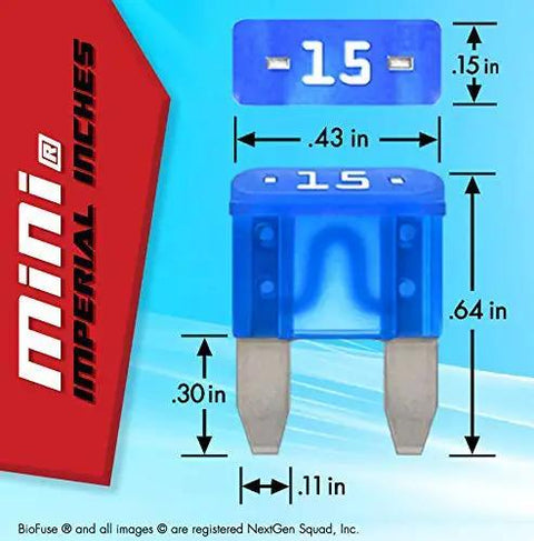 Premium Mini Apm Atm Automotive Fuse Assortment Glove Box Set With 119 Mini Blade Fuses Plus Heavy Duty Fuse Puller Tool Color Coded Heat Resistant Nylon For Your Daily Driver And Road Trip Gear, blue 15-amp fuse with dimensions.