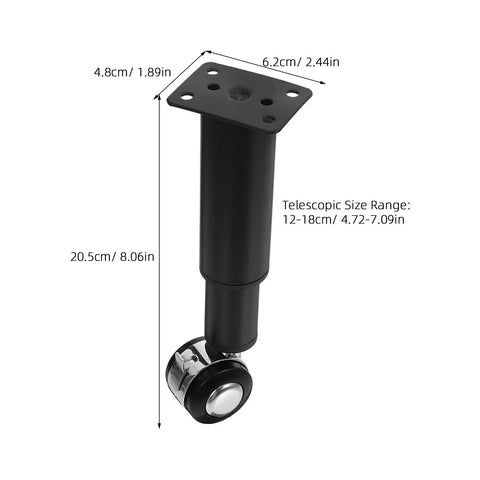 Beefy Adjustable Furniture Legs With Caster 2 Pack For Desk And Office Tables, telescopic design, measurements shown, black color