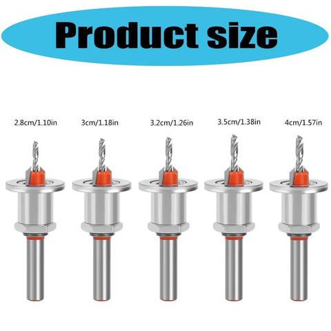 Super Versatile 5Pcs Adjustable Depth Stop Countersink Drill Bits For Super Smooth Board Install Jobs With High Hardness Alloy Steel and Precision Tapered Heads That Rock, showing sizes 2.8cm to 4cm.