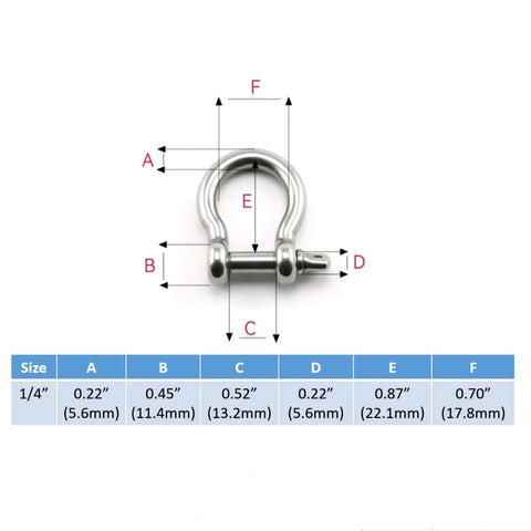 Diagram of Bow Shackle 1/4 Inch, 5/16 Inch, 3/8 Inch High Strength Carbon Steel Screw Pin Anchor Shackle with measurements