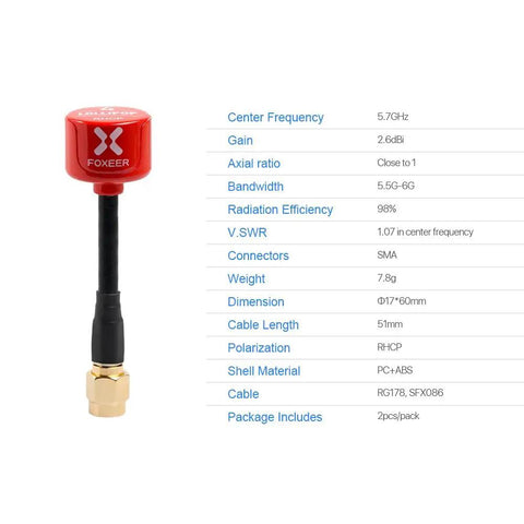 Image of a 2 Pack Lollipop 4 FPV Antennas 5.8GHz RHCP With 2.5dBi SMA for FPV Racing Drones and Fat Shark Goggles, red, next to specs chart.
