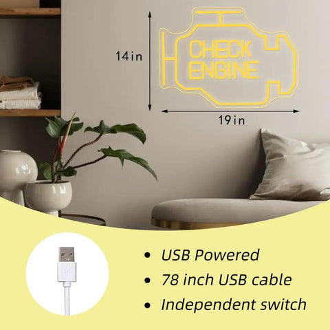 Check Engine neon sign with dimensions; USB powered with 78-inch cable and independent switch for wall decor