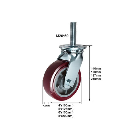 Tough As Nails 8 Inch Swivel Pu Caster Wheels With M20 Stem And Rubber Brake, showing detailed dimensions and design.