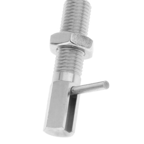 Close-up of Heavy Duty Retractable Indexing Spring Plunger With L Handle And Nut Precision M16 Replacement Pin, silver metal finish.