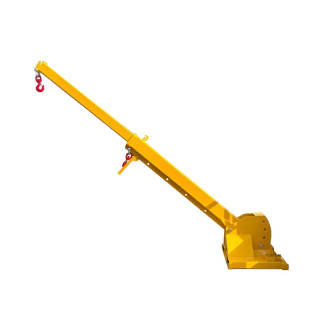 Beefy 6600 LB Forklift Jib Boom Crane Attachment With Extra Tough Steel Body, shown with adjustable boom and lifting hook.