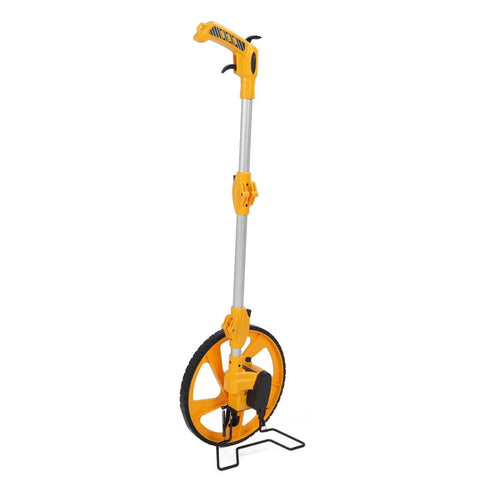 CFTGIW Measuring Wheel Portable Accurate 0-9999.9m Double Folding Tool for, yellow plastic and metal design, side view.