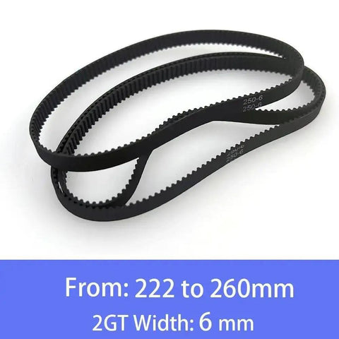 GT2 6mm Closed Loop Timing Belt 222 To 250mm for 3D printers and CNC machines shown with length and width details