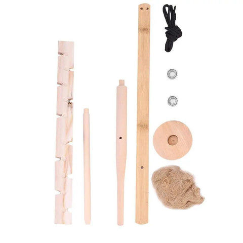 Friction Bow Drill Fire Starter Kit For Outdoor Survival And Camping, wood fire-making tool set with wooden drill, base, and rope.