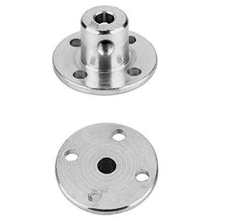 Two-piece 6mm flange coupling in chrome finish: hub with mounting holes and circular base plate for RC model motors