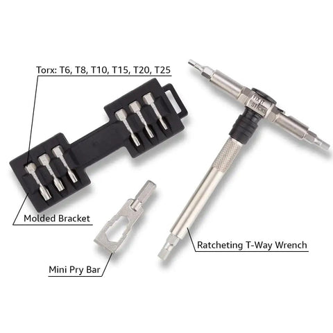Compact Ratcheting T Shaped Socket Driver Multi Tool With Secure Locking Chuck, includes Torx bits and pry bar.