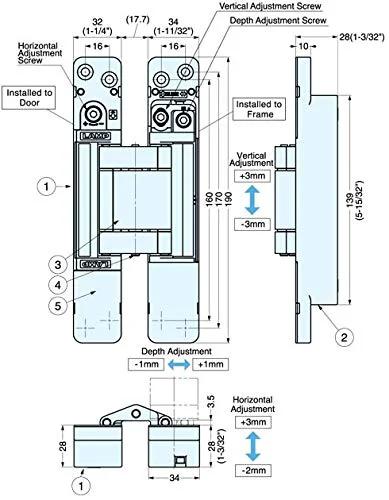 Technical diagram of 3 Way Adjustable Invisible Concealed Hinge HES3D E190 Matte Black With Vertical Horizontal And Depth Adjustment For Easy Install