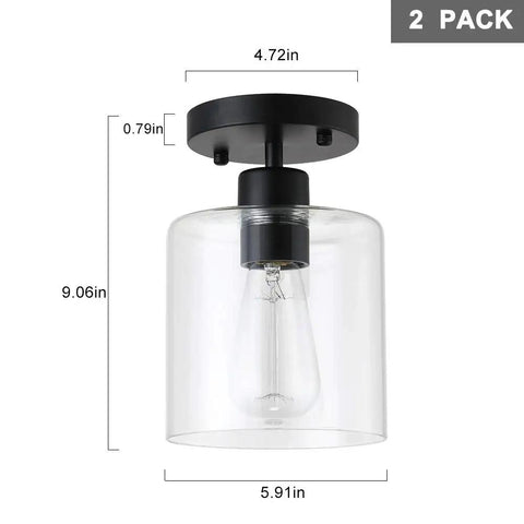 Two Pack Matte Black Semi Flush Ceiling Lights For Hallways And Closets, Modern Rustic Ceiling Fixtures, 6 Inch glass shade