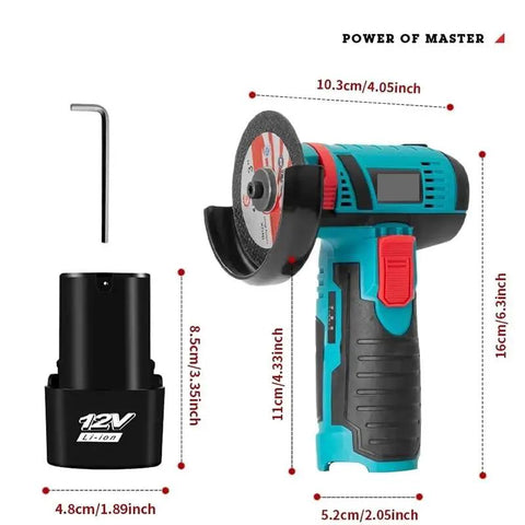 Badass 12V Micro Angle Grinder Cordless Power Tool With Diamond Cutting Polishing High Torque Handheld Wireless Workhorse Essential Shop Gear No Battery Included For Heavy Duty Projects with cutting disc and battery pack.