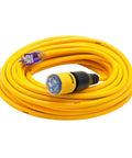 50 Foot Lighted Extension Cord With Click To Lock Locking Plug 10/3 SJTW Heavy Duty Outdoor Waterproof Weatherproof Industrial Strength Three Prong Power Cord For Tools And Equipment coiled for display