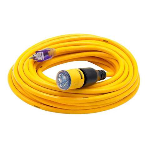 50 Foot Lighted Extension Cord With Click To Lock Locking Plug 10/3 SJTW Heavy Duty Outdoor Waterproof Weatherproof Industrial Strength Three Prong Power Cord For Tools And Equipment coiled for display