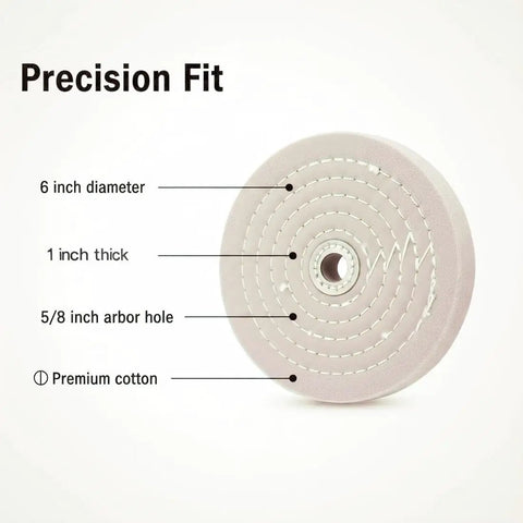 Super Thick 2 Pack 6 Inch Cotton Buffing Wheels Featuring 5/8 Inch Arbor Mount, 6 inch diameter, 1 inch thick, premium cotton.