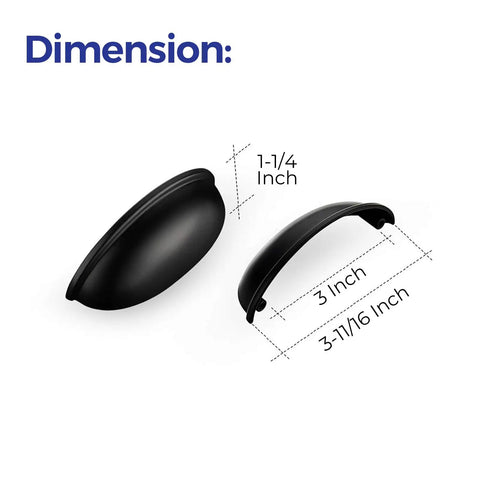 Killer Matte Black Cabinet Cup Pulls And Drawer Handles 3 Inch Center To Center 20 Pack Slick Kitchen Furniture Upgrade Built Tough For Smooth Daily Use, showing dimensions.