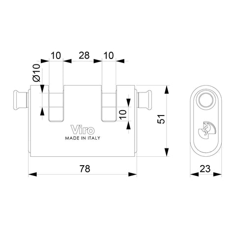 Technical diagram of Panzer 2 Independent Locking Rod Padlock with Dual Bars, 86 mm body, and 12 mm rod diameter, dimensions labeled