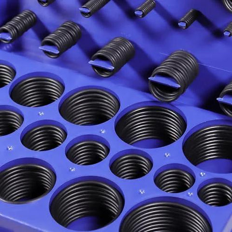 Universal SAE O Ring Kit 407 Pieces with nitrile rubber rings for automotive, plumbing, and hydraulics in organized blue case.
