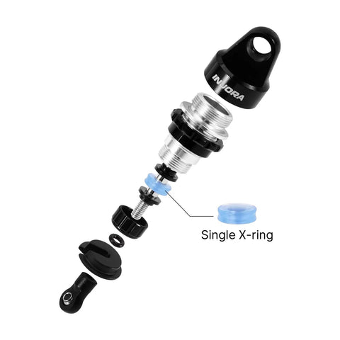 Exploded view of 45mm Oil Shocks With Progressive Rate Springs For One Twelfth Losi Nascar RC Upgrades CNC machined aluminum body.