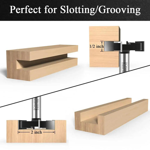 Pro Grade Carbide Tipped CNC Spoilboard Surfacing Router Bit With One Half Inch Shank, Two Inch Cutting Diameter And One Half Inch Depth, shown creating a slot in wood.