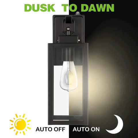 18 Inch Outdoor Wall Light With Dusk To Dawn Sensor showing day and night modes, rectangular black design with glass shade