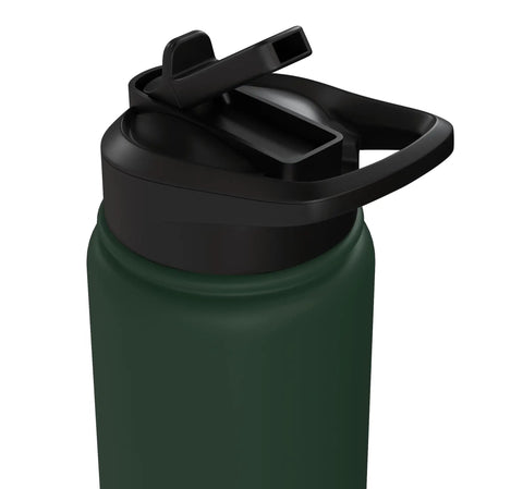 Close-up of Sailplane Water Bottle For Glider Pilots And Aero Heads Stainless Steel Insulated Bottle with black lid.