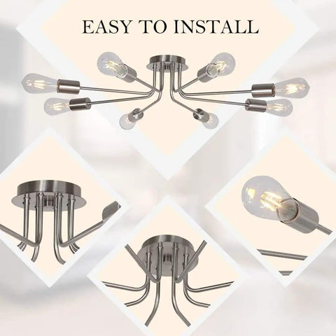 Mid Century 8 Light Chandelier in Brushed Nickel, Sleek Modern Semi Flush Mount Ceiling Light for Kitchen, E26 Bulb Compatible