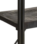Close-up of solid mango wood shelf and black steel frame on Industrial Five Tier Bookcase With Solid Mango Wood Shelves And Black Powder Coated Steel Frame Seventy Point Nine Inches Tall Durable Storage Rack For Home Office Or Living Room Retro Charm Rustic Grains Built Like A Tank.