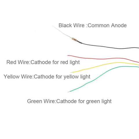 Wiring diagram showing black common anode wire and cathode wires for red, yellow, green lights in the Badass 5 Piece HO Scale 3 Light Block Signal Set.