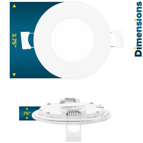 Ultra Thin 3 Inch LED Recessed Lighting Kit dimensions showing top and side view with 3.75" diameter and 0.75" thickness.
