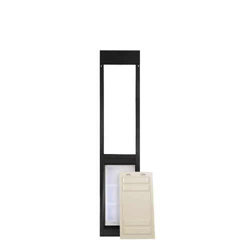 Premium Dual Pane Sliding Door Pet Door With Heavy Duty Insulated Thermo Panel And Oversized Flex Flap, black unit and white flap.