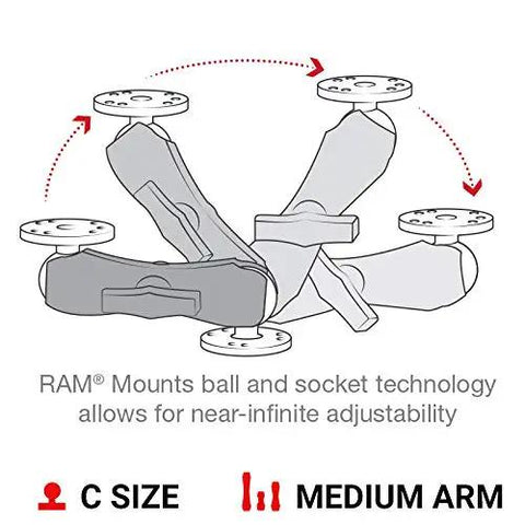 Diagram of Double Socket Arm For C Size RAM Ball Components showing adjustability and medium length, 5.69 reach