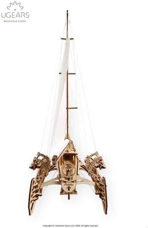 Hands On Trimaran Merihobus Wooden Sailboat Model Kit For Grown Ups 3D Puzzle With Self Assembly No Glue Mechanical Catamaran With Winches Rigging Hulls And Realistic Details, front view